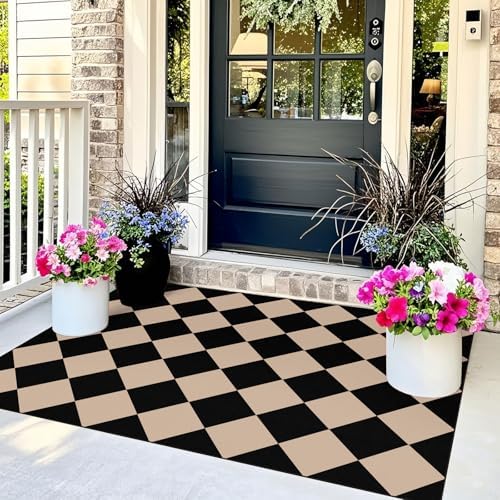 Black Tan Checkered Entry Rug - 3x5 Non-Slip Indoor Outdoor Rugs - Image 4