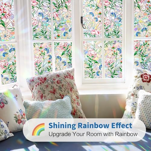 Niviy Stained Glass Window Film with Installation Tools, Heat Blocking Rainbow Window Film for Glass Doors, 3D Floral Decorative Static Cling for Home, Bathroom, Glass Door 11.8 x 78.7 inch - Image 2