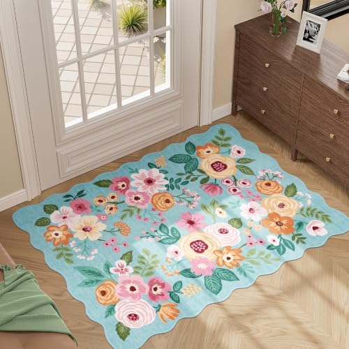 DUKINO 2x3 Rugs for Entryway, Floral Door Mat Washable Kitchen Rugs, Teal - Image 3