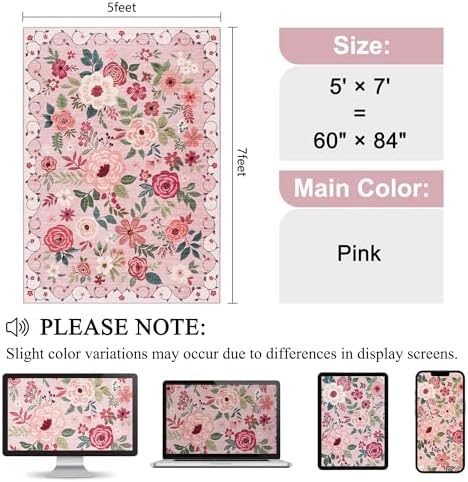 DUKINO 5x7 Area Rugs, Floral Washable Rug for Living Room Non Slip, Pink - Image 2