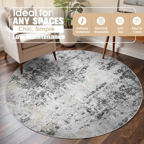 Round Rug 6ft Washable Rug for Dining Room Living Room Black Grey Gold - Image 3