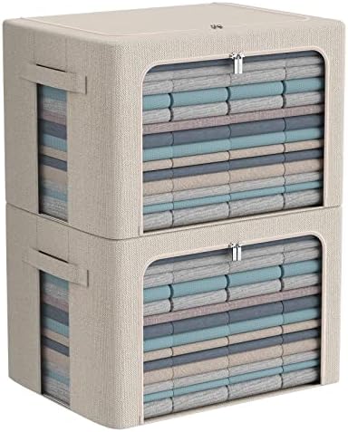 CYhom Extra Large Clothes Storage Bins - Linen Fabric Foldable Stackable Container Organizer Set with Clear Window & Carry Handles & Metal Frame - 2Pack Large Capacity for Bedding, Blankets, Books by CYhom