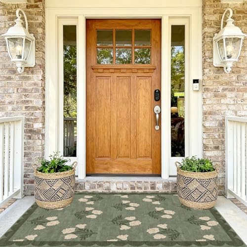 4x6 Covered Outdoor Patio Rug - Green Washable Front Porch Entry Rug Non-Slip Door Mat Indoor Outside Entrance Vintage Floral Scalloped Area Rug for Living Room Entryway Backyard Porch Decor - Image 5