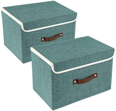 TYEERS Collapsible Storage Boxes, Washable Fabric Storage Bins with Lids, 14.9x9.8x9.8 inches, 2 Pack, Aqua Deep by StorageOrganization