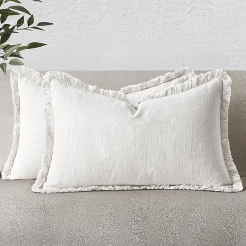 MIULEE Boho Linen Fringe Decorative Lumbar Throw Pillow Covers White 12x20 by MIULEE