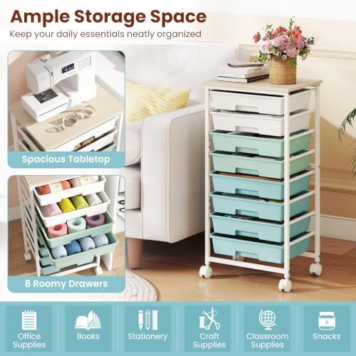 Giantex 8 Drawers Rolling Cart with Wheels, Wood Top, Sturdy Frame - Image 6