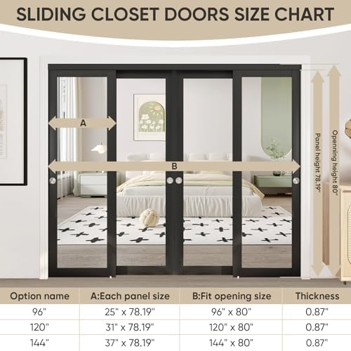 JUBEST 120" x 80" Mirror Closet Door, Preassembled One Side Mirror Door with Hardware Kit & Matching Fascia, Solid Wood Frame with Water-Proof PVC Surface, Easy to Install, Black - Image 4