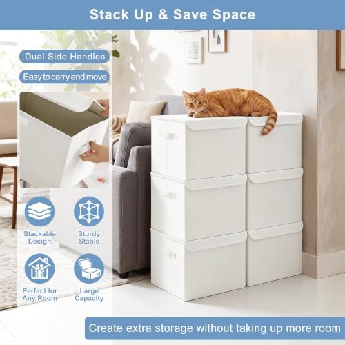 Bagnizer Large 17" 42 Quarts Collapsible Stackable Storage Bins with Lids [3-Pack] Foldable Fabric Linen Storage Boxes Cube, Closet Organizer Baskets with Label (16.7 x 12 x 12, White) - Image 5