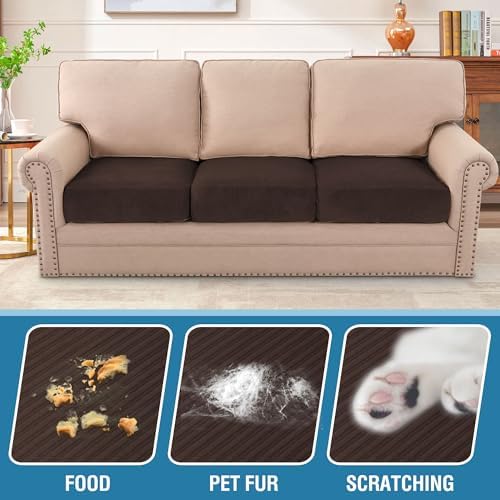 H.VERSAILTEX Velvet Stretch Couch Cushion Cover Plush Cushion Slipcover for Chair Loveseat Sofa Cushion Furniture Protector Seat Cushion Sofa Cover (3 Piece Sofa Cushion Covers, Brown Striped) - Image 3