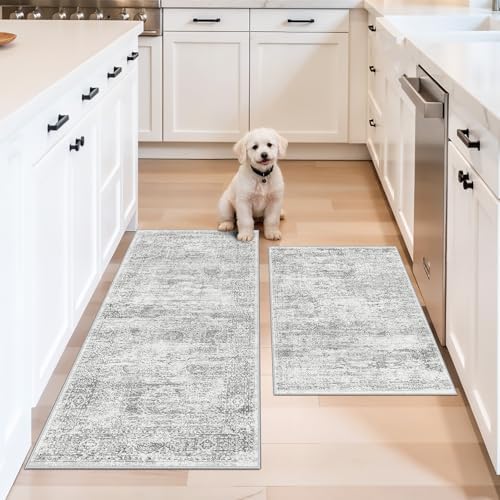 Kitchen Mats for Floor 2 Piece, Non Slip Washable Kitchen Rugs Sets for Floor, Soft Low Pile Kitchen Area Rug for Kitchen Sink Laundry Entryway (Grey Ivory, 2x3+2x4) by BYYVOORugsforYourHome