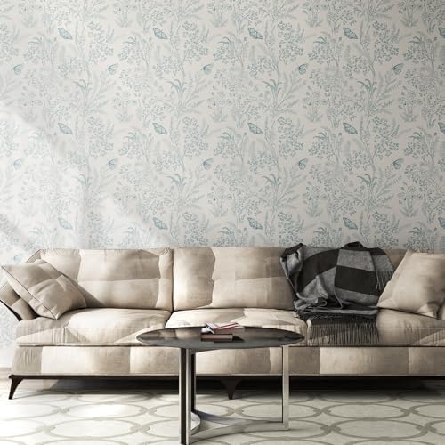 Vinjiasin Blue Floral Wallpaper Vintage Peel and Stick Contact Paper Removable Waterproof Flower Butterfly Wall Paper for Bedroom Living Room Nursery 17.3" x 118" - Image 3