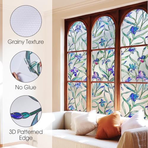 Stained Glass Window Film,3D Violet Floral Privacy Static Cling,23.6x35.4 - Image 6