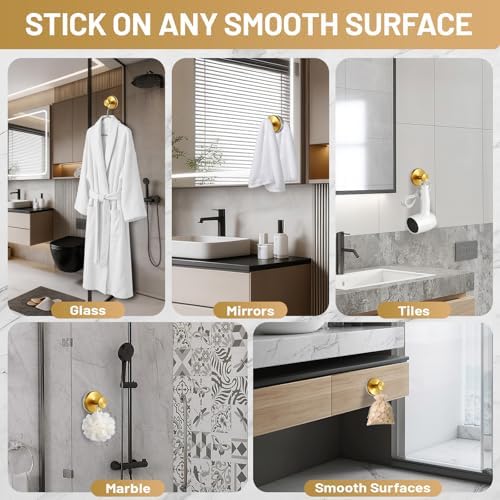Suction Cup Hooks for Shower No-Drill Bathroom Hooks for Towels, Robes, Loofah Mountable on Bathroom Walls, Kitchen, Glass, Mirrors, Tile and Smooth,Non-Porous Surfaces (4, Brushed Gold) - Image 3