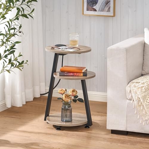 BEWISHOME Round End Table with Charging Station, Greige KTZ51G - Image 2