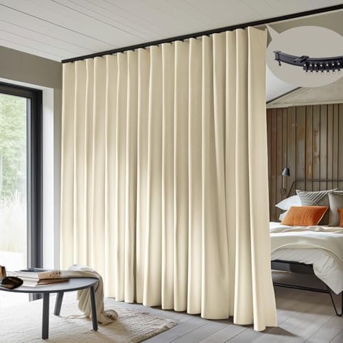 MaKefeile Room Divider Curtains with Flexible Ceiling Curtain Tracks Set,100% Blackout Floor to Ceiling Curtains Patio Sliding Door Curtains (Beige Drape & Black Rail W 10 × H 8 FT) by Makefeileshade