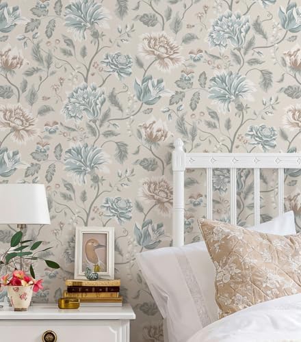 Vintage Floral Peel and Stick Wallpaper, Blue Taupe Neutral Botanical Wall Mural, Removable Self Adhesive Wall Paper for Bedroom Accent Wall, Living Room, Bathroom, Farmhouse Home Decor 17.3"x78.74" - Image 3