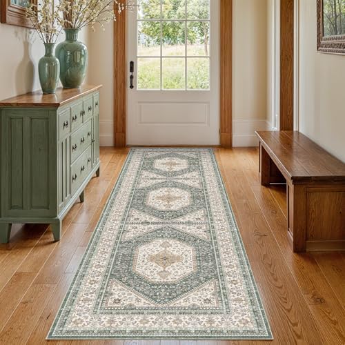 2x5 Washable Hallway Runner Rug - Non-Slip Vintage Throw Rugs Green Beige - Image 2