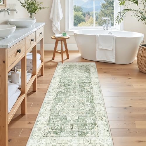Madane Washable Runner Rug 2x6 Runners for Hallways Non Slip, Green/Ivory by Madane