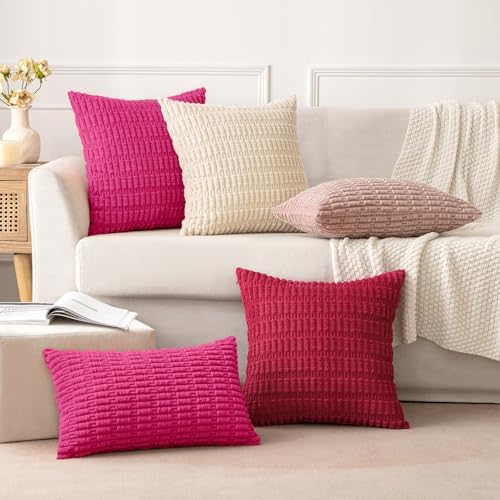 MIULEE Corduroy Decorative Throw Pillow Covers 18x18 Hot Pink Pack of 2 - Image 5
