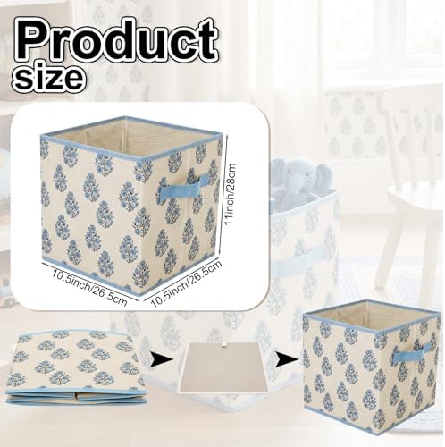Bokon 6 Pcs 11'' Blue Block Print Storage Cubes Floral Cube Storage Bins - Image 3