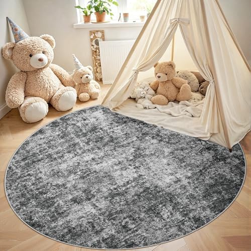 Aelenmu Round Rug 5ft Washable Rug for Dining Room Living Room Black Grey - Image 4