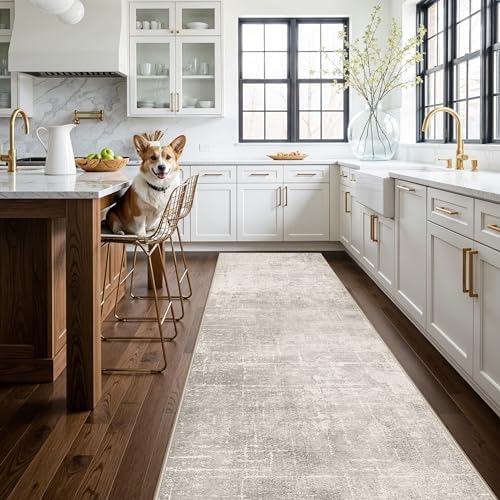 HAOYUNLAI 3x12 Hallways Runner Rugs: Soft Kitchen Rug Non-Slip Floor Mat with Rubber Backing Washable Non Shedding Soft Beside Carpet for Bedroom Abstract Home Decor Rug Runner(3x12,Beige/Cream by HYHAOYUNLAI