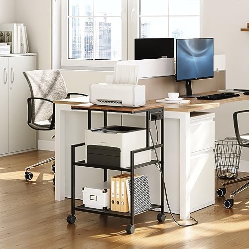 MAHANCRIS Mobile Printer Stand, 3-Tier Industrial Printer Cart with Power Outlets and 2 USB Ports, Rolling Printer Table on Wheels for Home Offices Kitchen Organization Rack, Rustic Brown PTHR78E01 - Image 2
