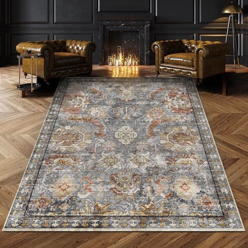 RUGSURE Washable Area Rugs - Perfect for Living Room, Bedroom, Kids Room, Nursery - Stain & Water Resistant Non-Slip, Pet & Child Friendly, Vintage Tribal Area Rugs (Turmeric and Grey, 5' x 7') by RUGSURE