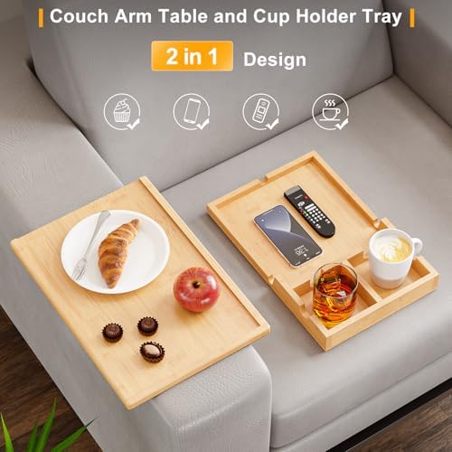 Bestjing 2 in 1 Bamboo Couch Cup Holder Tray with Double Holder Tray - Image 3