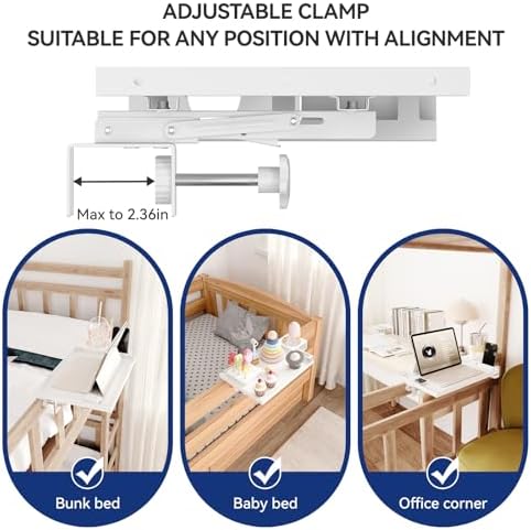 Metal Bedside Shelf Table Tray with Cup Holder, Foldable Bed Side Table for Bunk Bed & Top Bunk, College Dorm Room Essentials for Guys & Girls, Clip-on Laptop Nightstand for IKEA Beds, White - Image 4