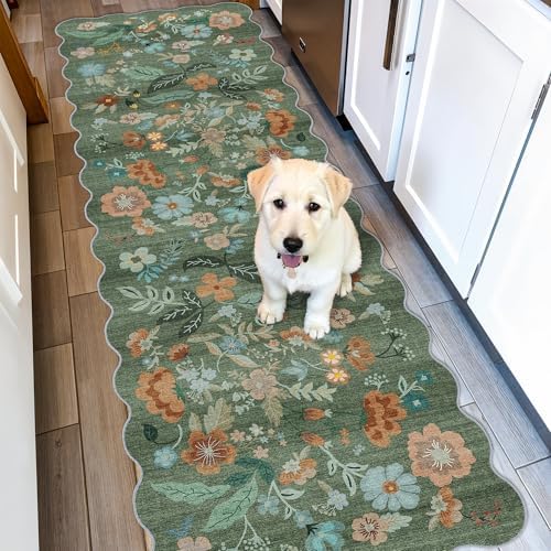 Washable 2x6 Runner Rug for Entryway: Hallway Kitchen Easy-Clean Carpet with Non-Slip Backing Stain-Resistant Low Pile Floor Mat – Perfect for High-Traffic Areas with Pets (2x6 Floral/Green) by HYHAOYUNLAI