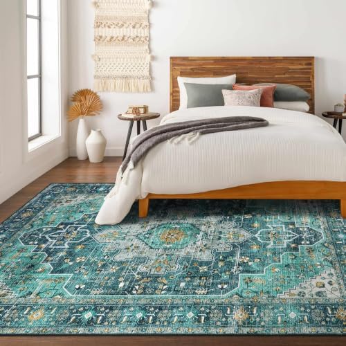 Moynesa Ultra-Thin Washable 10x14 Area Rugs for Living Room, Teal Large Living Room Rug Non Slip, Vintage Oriental Indoor Floor Carpet for Dining Room Table Dorm Home Office Decor - Image 3