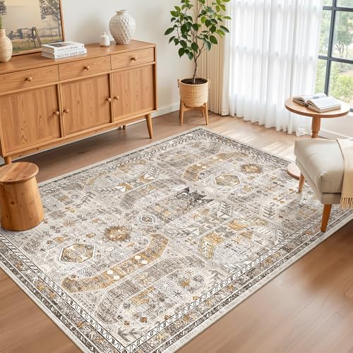 Madane Area Rug 3x5, Washable Vintage Entry Rugs for Bedroom, Brown/Gold - Image 4