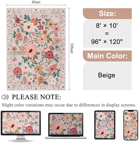 DUKINO 8x10 Area Rugs, Floral Washable Living Room Rug Non Slip, Beige - Image 2