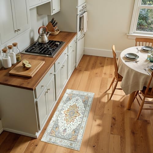 RELEANY Washable Area Rug, Small 2'x4', Beige/Carbon Grey/Orange - Image 2