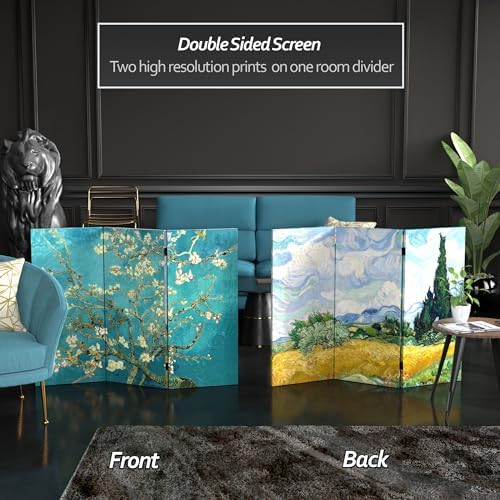 Red Lantern Double Sided Works of Van Gogh Canvas Folding Screen - Almond Blossoms/Wheat Field, 3 ft Short - 3 Panel - Image 2
