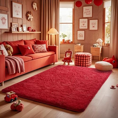 Ophanie Red Rugs for Bedroom Living Room, Fluffy Fuzzy Furry Carpet, Plush Soft Shaggy Bedside Indoor Floor 4x6 Area Rug for Kids Girls Boys Baby Teen Dorm Nursery Decor with Over 99 pcs Pile fibers - Image 6