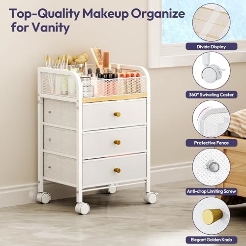 SWTYMIKI Rolling Makeup Organizer Cart - 14.96″*11.81″*23.03″ Widened Under Desk Vanity Storage with 3 Non-woven Drawers, Cosmetic Display Cases for Skin Care Perfume Nail Polish Brush Hair Tool White - Image 5