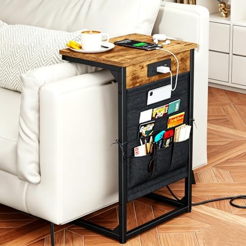 C-Shaped End Table with Fast-Charging Station, Small Couch Side Table with Storage Bag, Sofa TV Tray Table for Living Room, Bedroom, Bedside ET-BR-W1 - Image 3