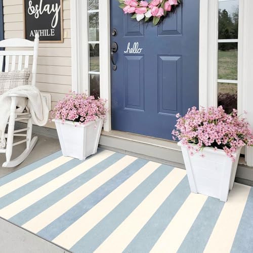 3x5 Entry Rug - Small Washable Indoor Outdoor Mats for Front Door Non-Slip Porch Rug Summer Blue White Coastal Striped Throw Rugs for Bedroom Entryway Kitchen Office Mudroom Front Porch Decor - Image 3
