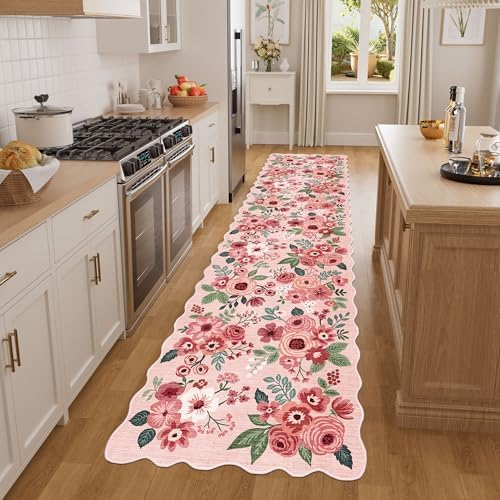 DUKINO 2x8 Washable Runner Rug, Floral Non Slip Kitchen Runner Rug, Pink by DUKINO
