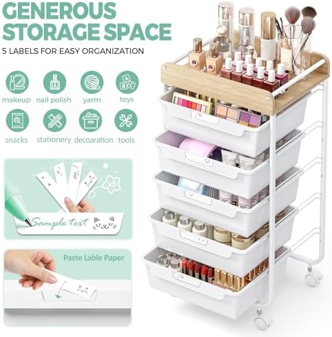 SYKIARIOL Utility Cart with Drawers,Craft Cart with 5 Drawers,White - Image 4