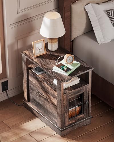 WLIVE Farmhouse End Table with Charging Station, Narrow Side Table with Storage, Small Nightstand with USB Ports and Outlets ，Bedside Cabine for Bedroom, Living Room,Brown - Image 6
