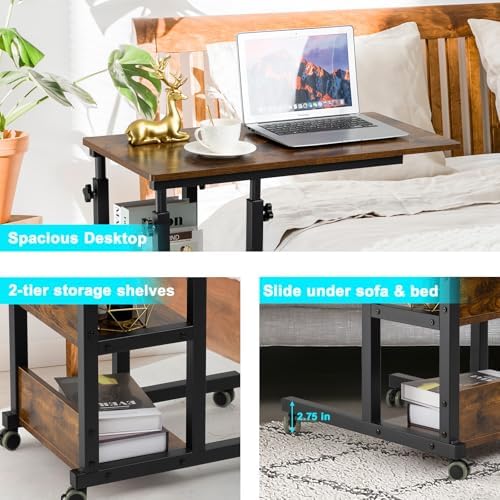 Hadulcet C Shaped Side Table Adjustable, Height Adjustable C Table with Wheels and Storage Shelves for Couch Bed Recliner Rustic Brown - Image 4