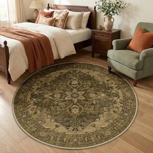 RELEANY Washable Area Rug, Round 5ft, Brown/Dark Brown - Image 2