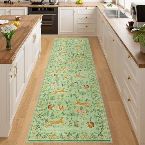 DUKINO 2x10 Rug for Hallway, Washable Kitchen Runner Rug with Non Slip Backing, Soft Low Pile Vintage Animal Runner for Bedroom, Kitchen, Hallway, Entryway, Laundry, Light Green - Image 2