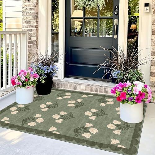 3x5 Floral Entry Rug - Small Washable Indoor Outdoor Mats for Front Door Non-Slip Spring Porch Rug Sage Green Farmhouse Throw Rugs for Living Room Bedroom Entryway Kitchen Office Porch Decor - Image 4