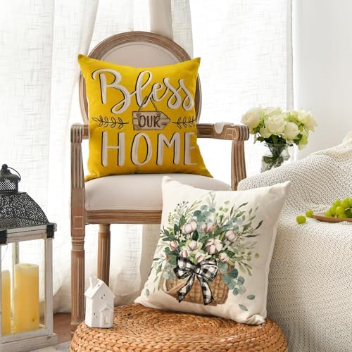 AVOIN colorlife Bless Our Home Farmhouse Eucalyptus Leaves Throw Pillow Covers, 18 x 18 Inch Truck Home Sweet Cushion Case Decorations Set of 4 - Image 3