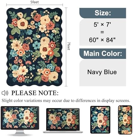 DUKINO 5x7 Area Rugs for Bedroom, Floral Washable Rug Non Slip, Navy Blue - Image 2