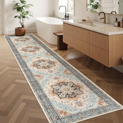 Madane Washable Runner Rugs 2x10 Long for Hallway Kitchen, Orange/Blue - Image 3